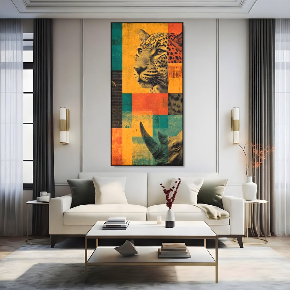 Tablou canvas cu tablou vertical cu leopard si rinocer, in rama de aluminiu negru, pe perete intr-un living